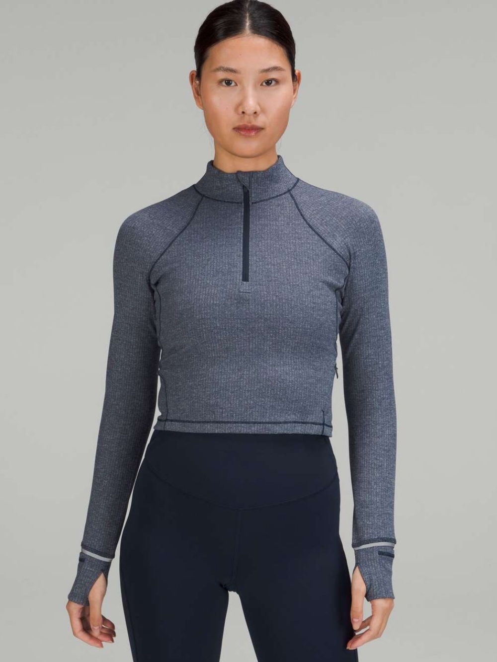 Lululemon Its Rulu Run Cropped Half Zip Ribbed In Heathered True Navy Size 6